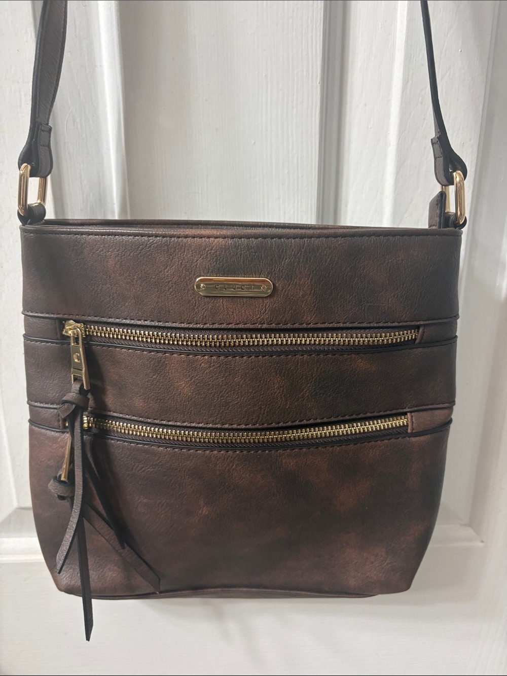 Women’s Brown Faux-Leather Crossbody Bag with Dual Zip Fronts
